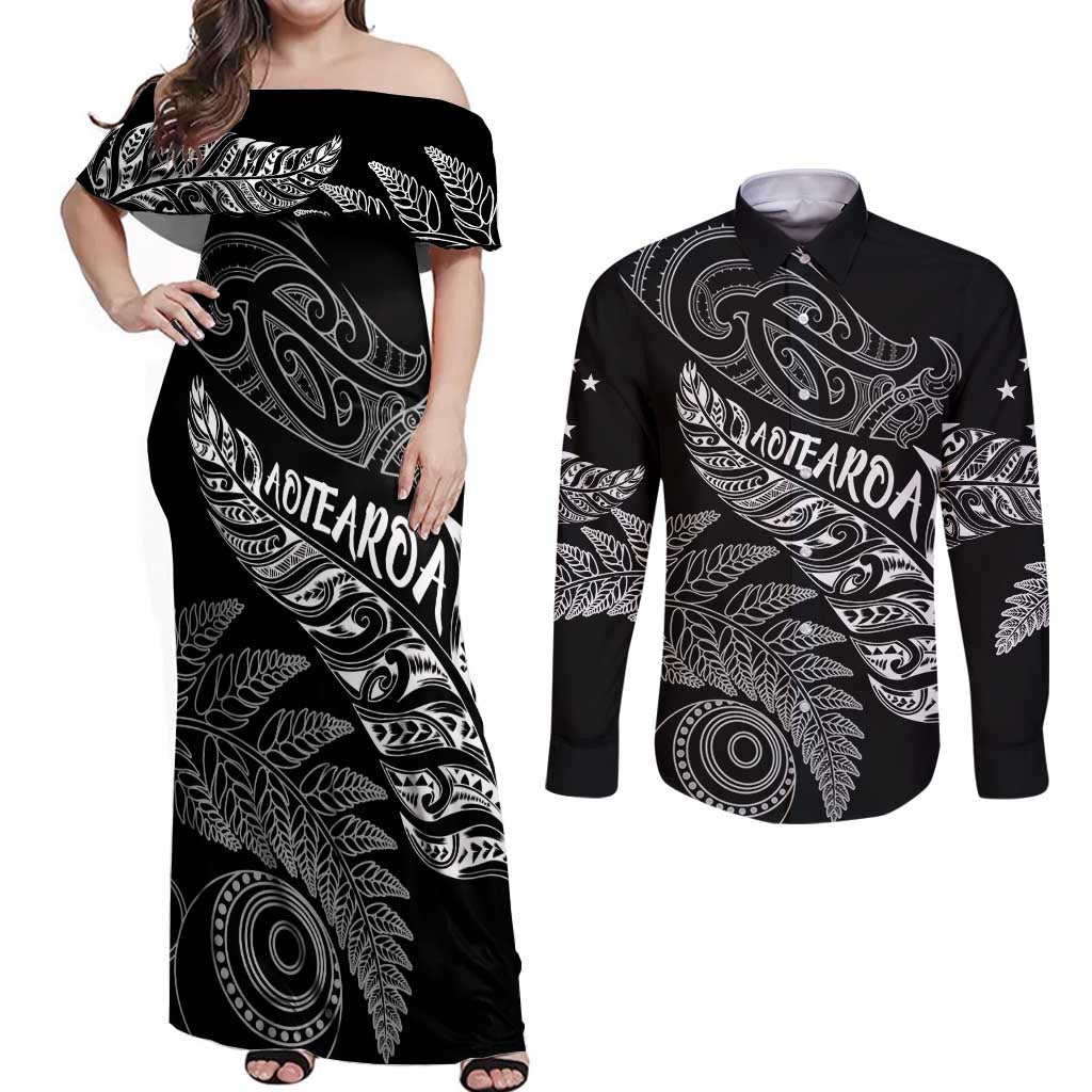 Aotearoa Personalized Lawn Bowls Maori Couples Matching Off Shoulder Maxi Dress and Long Sleeve Button Shirt New Zealand Black Tribal Silver Fern LT7 Black - Polynesian Pride