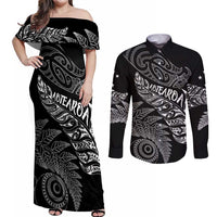 Aotearoa Personalized Lawn Bowls Maori Couples Matching Off Shoulder Maxi Dress and Long Sleeve Button Shirt New Zealand Black Tribal Silver Fern LT7 Black - Polynesian Pride