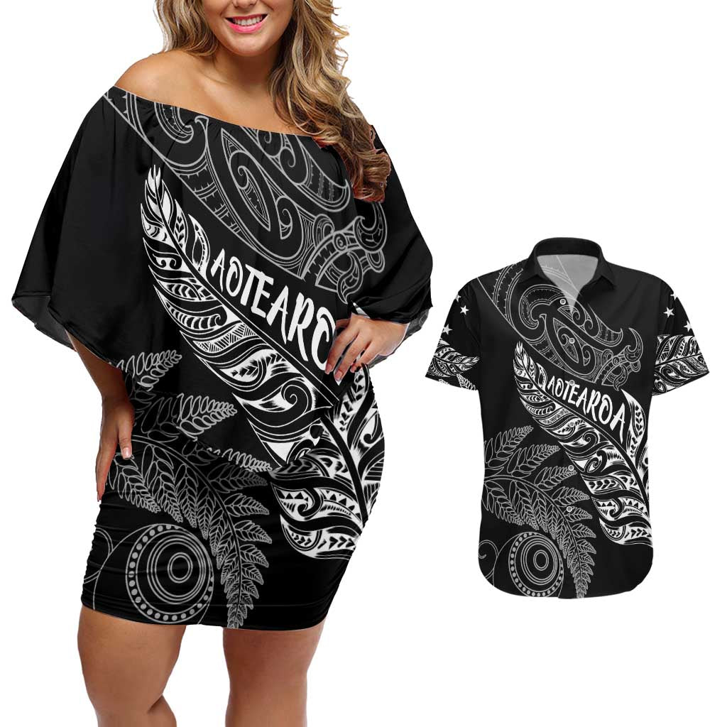Aotearoa Personalized Lawn Bowls Maori Couples Matching Off Shoulder Short Dress and Hawaiian Shirt New Zealand Black Tribal Silver Fern LT7 Black - Polynesian Pride