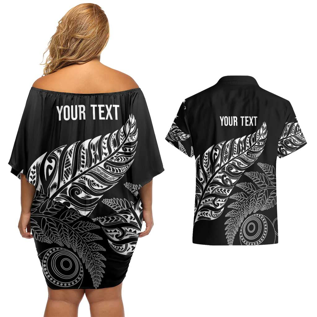 Aotearoa Personalized Lawn Bowls Maori Couples Matching Off Shoulder Short Dress and Hawaiian Shirt New Zealand Black Tribal Silver Fern LT7 - Polynesian Pride