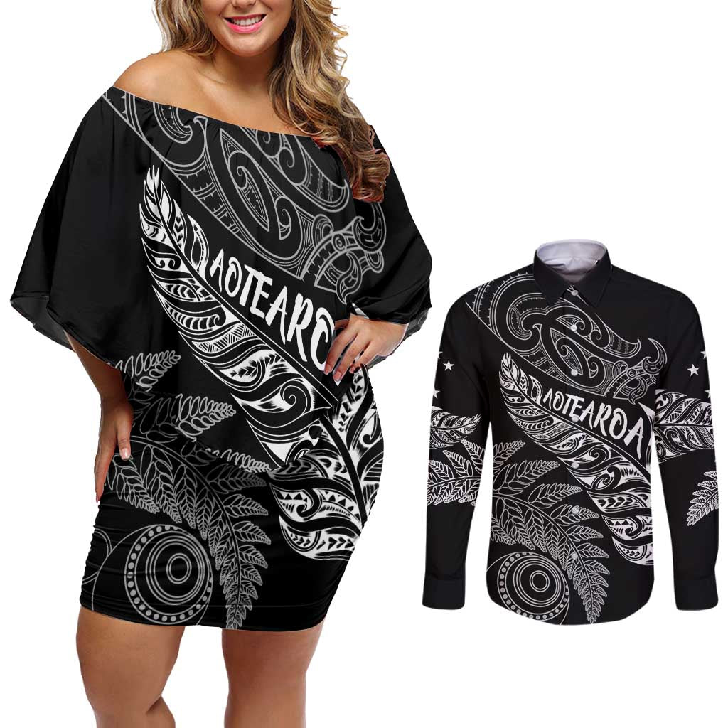 Aotearoa Personalized Lawn Bowls Maori Couples Matching Off Shoulder Short Dress and Long Sleeve Button Shirt New Zealand Black Tribal Silver Fern LT7 Black - Polynesian Pride