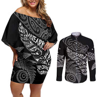 Aotearoa Personalized Lawn Bowls Maori Couples Matching Off Shoulder Short Dress and Long Sleeve Button Shirt New Zealand Black Tribal Silver Fern LT7 Black - Polynesian Pride