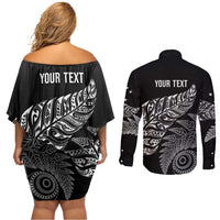 Aotearoa Personalized Lawn Bowls Maori Couples Matching Off Shoulder Short Dress and Long Sleeve Button Shirt New Zealand Black Tribal Silver Fern LT7 - Polynesian Pride