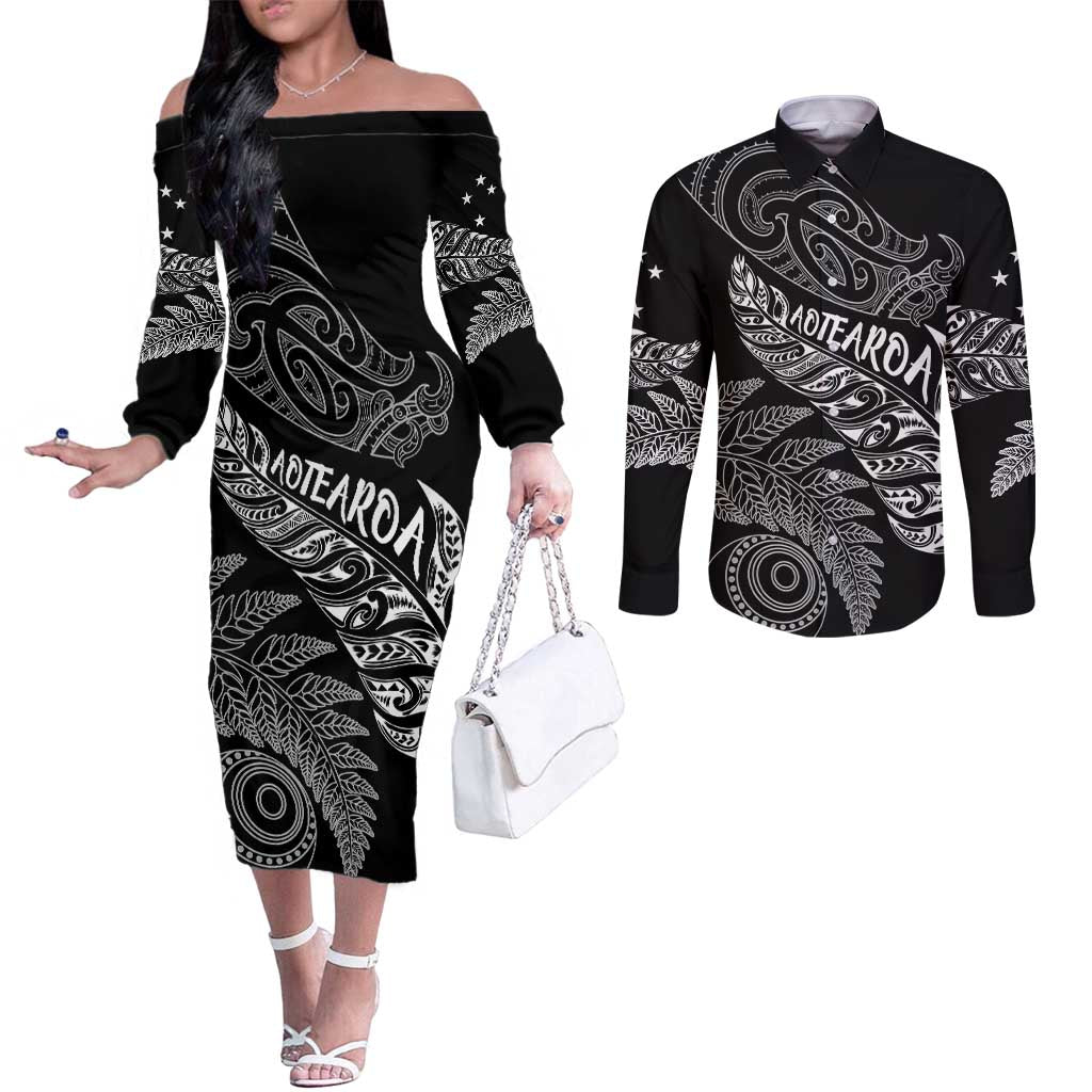 Aotearoa Personalized Lawn Bowls Maori Couples Matching Off The Shoulder Long Sleeve Dress and Long Sleeve Button Shirt New Zealand Black Tribal Silver Fern LT7 Black - Polynesian Pride