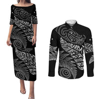 Aotearoa Personalized Lawn Bowls Maori Couples Matching Puletasi and Long Sleeve Button Shirt New Zealand Black Tribal Silver Fern LT7 Black - Polynesian Pride