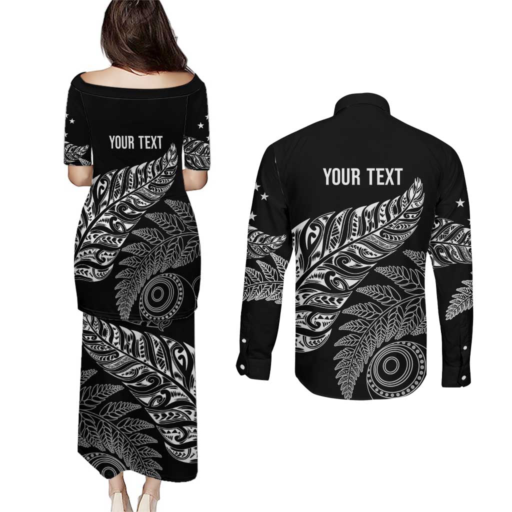 Aotearoa Personalized Lawn Bowls Maori Couples Matching Puletasi and Long Sleeve Button Shirt New Zealand Black Tribal Silver Fern LT7 - Polynesian Pride