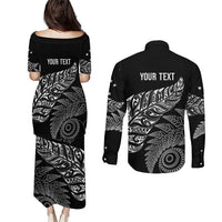 Aotearoa Personalized Lawn Bowls Maori Couples Matching Puletasi and Long Sleeve Button Shirt New Zealand Black Tribal Silver Fern LT7 - Polynesian Pride