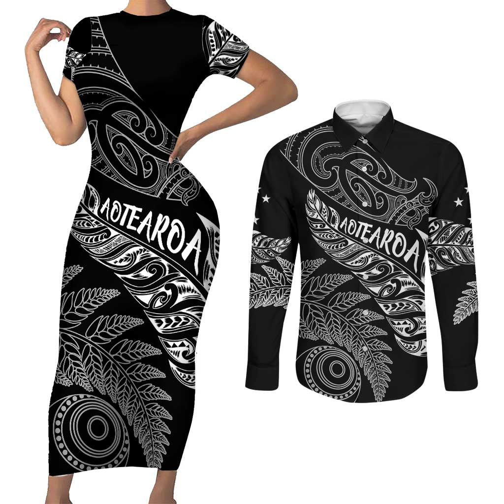 Aotearoa Personalized Lawn Bowls Maori Couples Matching Short Sleeve Bodycon Dress and Long Sleeve Button Shirt New Zealand Black Tribal Silver Fern LT7 Black - Polynesian Pride