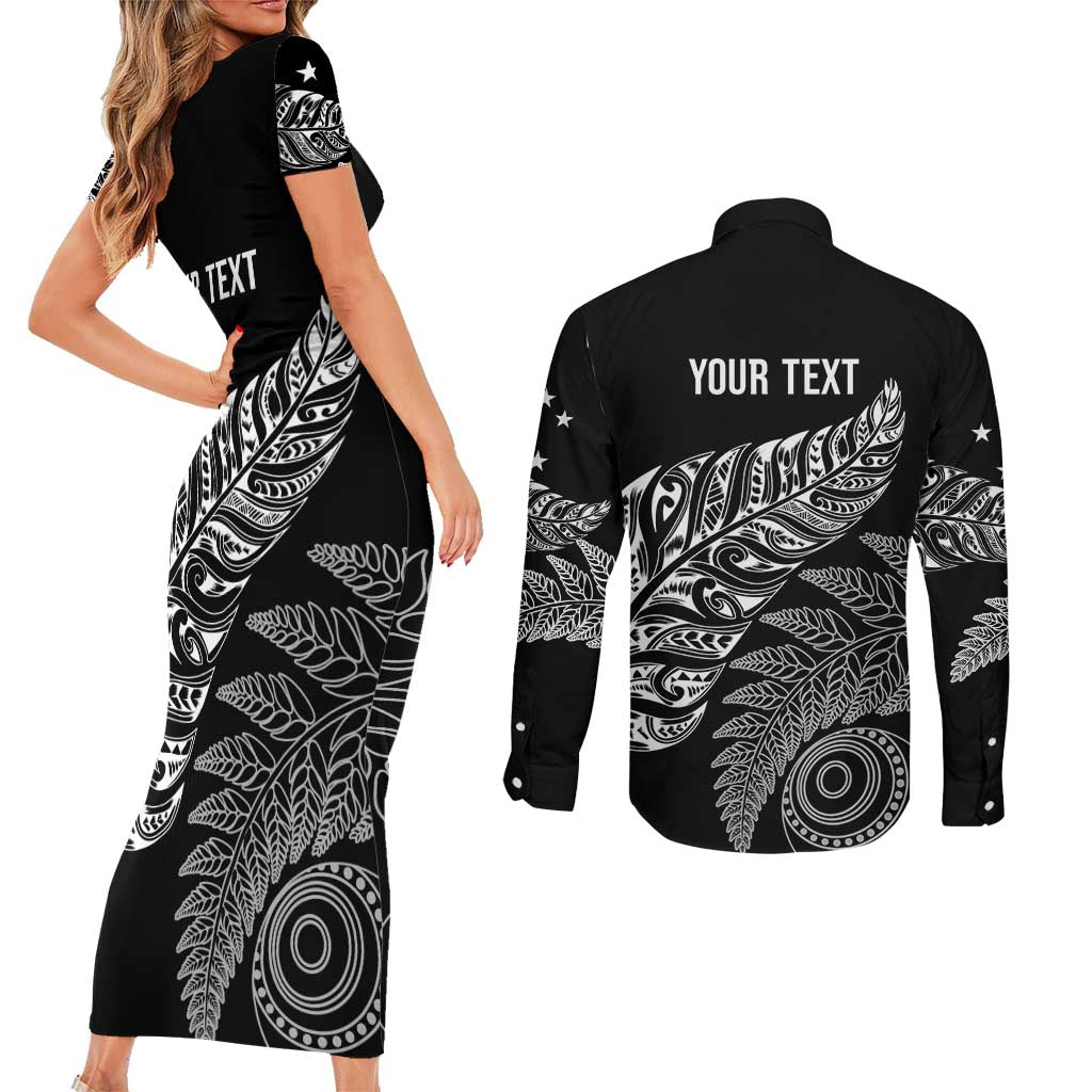Aotearoa Personalized Lawn Bowls Maori Couples Matching Short Sleeve Bodycon Dress and Long Sleeve Button Shirt New Zealand Black Tribal Silver Fern LT7 - Polynesian Pride