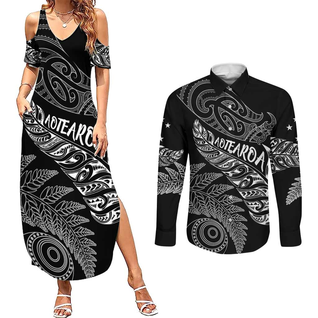 Aotearoa Personalized Lawn Bowls Maori Couples Matching Summer Maxi Dress and Long Sleeve Button Shirt New Zealand Black Tribal Silver Fern - Polynesian Pride
