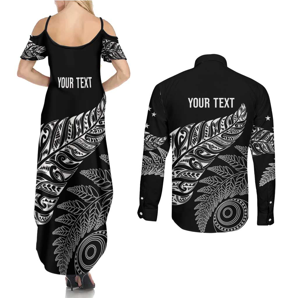 Aotearoa Personalized Lawn Bowls Maori Couples Matching Summer Maxi Dress and Long Sleeve Button Shirt New Zealand Black Tribal Silver Fern LT7 - Polynesian Pride
