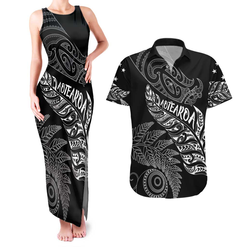 Aotearoa Personalized Lawn Bowls Maori Couples Matching Tank Maxi Dress and Hawaiian Shirt New Zealand Black Tribal Silver Fern - Polynesian Pride