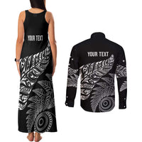 Aotearoa Personalized Lawn Bowls Maori Couples Matching Tank Maxi Dress and Long Sleeve Button Shirt New Zealand Black Tribal Silver Fern LT7 - Polynesian Pride