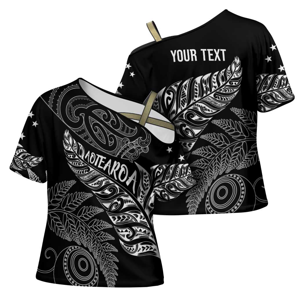 Aotearoa Personalized Lawn Bowls Maori Cross Shoulder Shirt New Zealand Black Tribal Silver Fern - Polynesian Pride