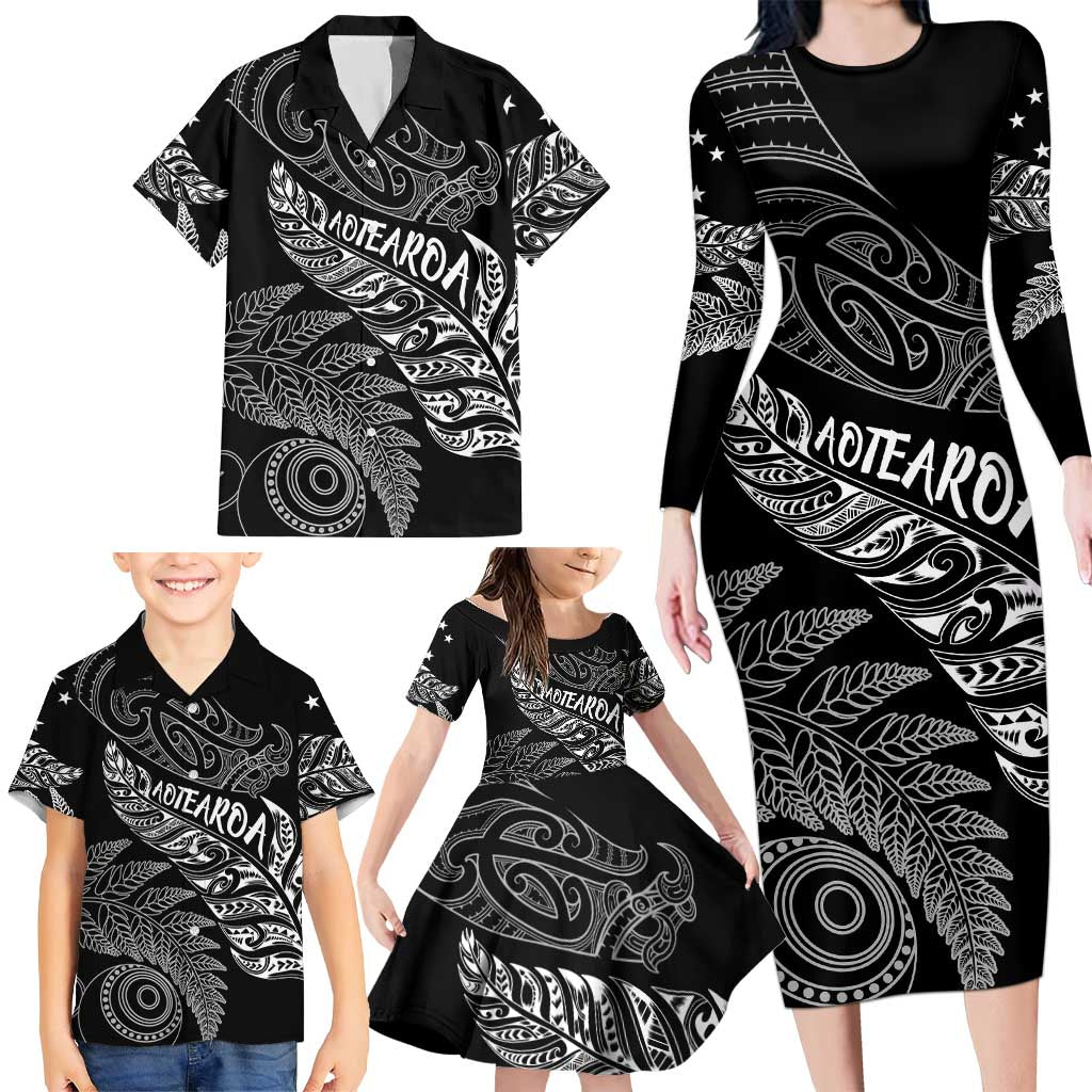 Aotearoa Personalized Lawn Bowls Maori Family Matching Long Sleeve Bodycon Dress and Hawaiian Shirt New Zealand Black Tribal Silver Fern - Polynesian Pride