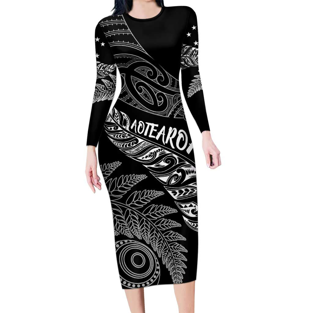 Aotearoa Personalized Lawn Bowls Maori Family Matching Long Sleeve Bodycon Dress and Hawaiian Shirt New Zealand Black Tribal Silver Fern LT7 Mom's Dress Black - Polynesian Pride