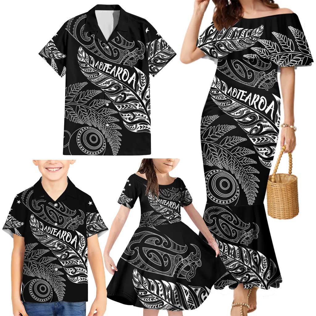 Aotearoa Personalized Lawn Bowls Maori Family Matching Mermaid Dress and Hawaiian Shirt New Zealand Black Tribal Silver Fern - Polynesian Pride