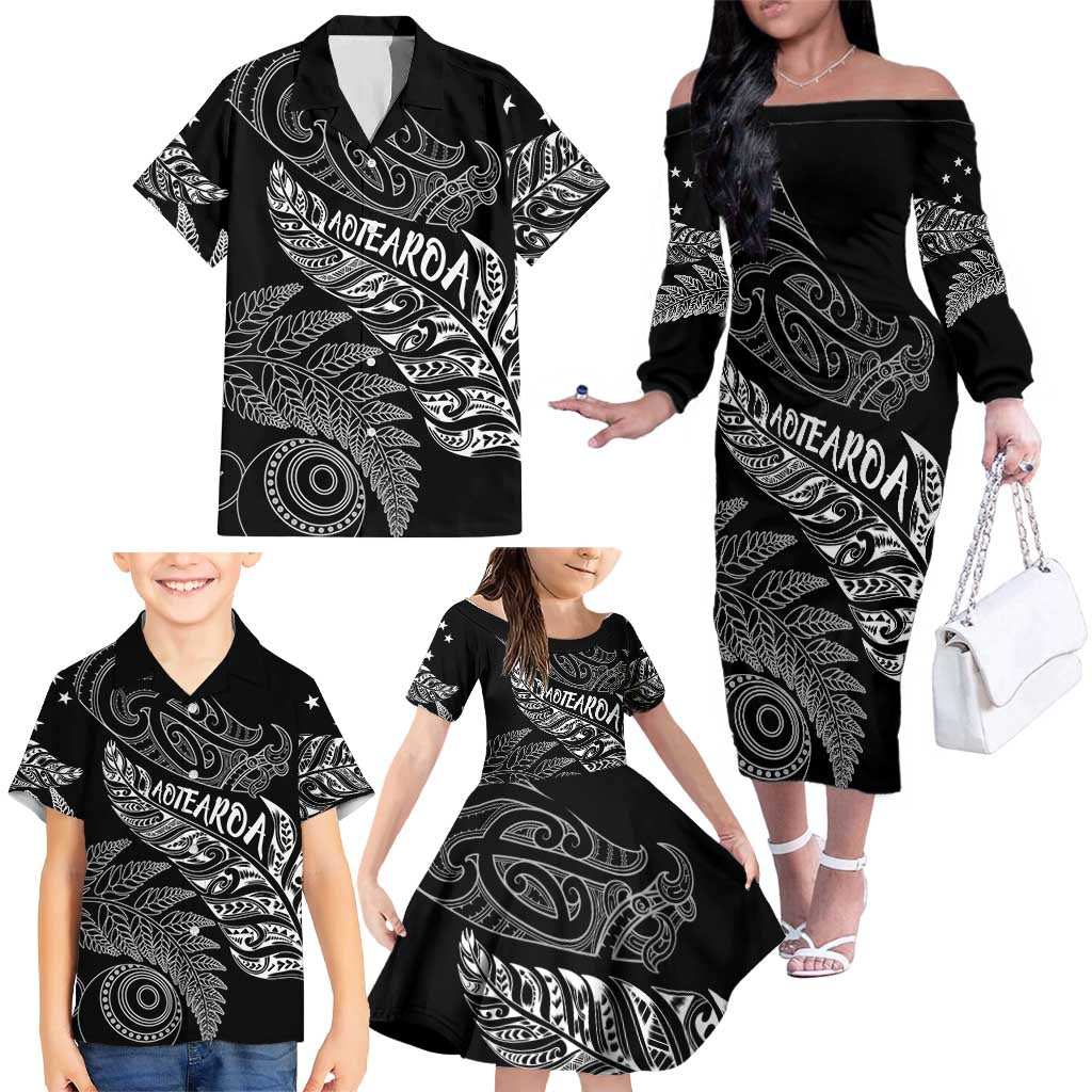 Aotearoa Personalized Lawn Bowls Maori Family Matching Off The Shoulder Long Sleeve Dress and Hawaiian Shirt New Zealand Black Tribal Silver Fern LT7 - Polynesian Pride
