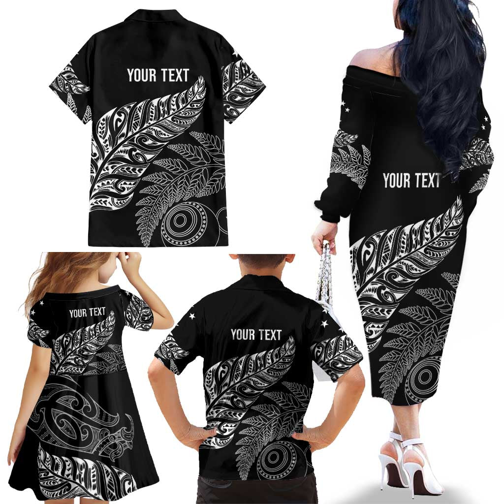Aotearoa Personalized Lawn Bowls Maori Family Matching Off The Shoulder Long Sleeve Dress and Hawaiian Shirt New Zealand Black Tribal Silver Fern LT7 - Polynesian Pride