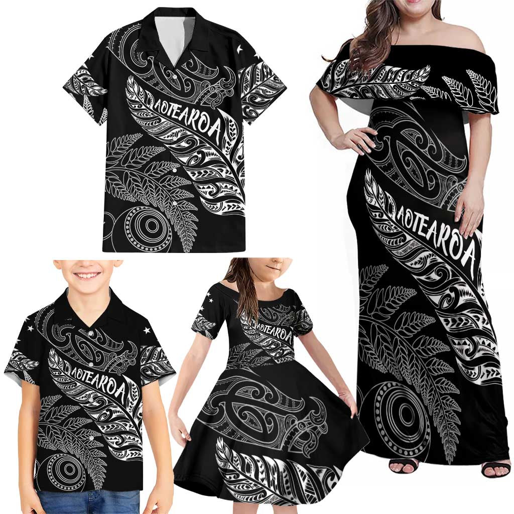Aotearoa Personalized Lawn Bowls Maori Family Matching Off Shoulder Maxi Dress and Hawaiian Shirt New Zealand Black Tribal Silver Fern LT7 - Polynesian Pride