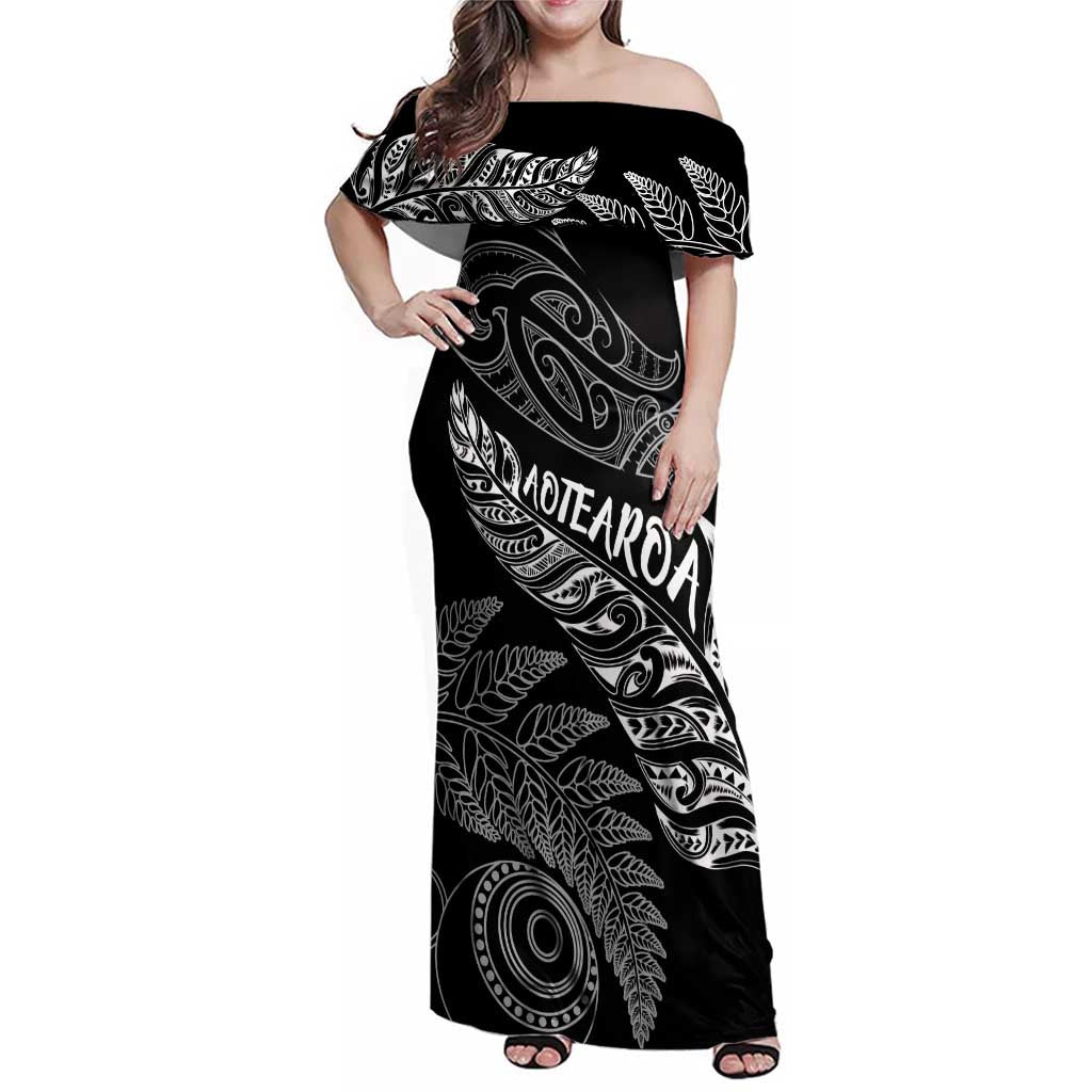 Aotearoa Personalized Lawn Bowls Maori Family Matching Off Shoulder Maxi Dress and Hawaiian Shirt New Zealand Black Tribal Silver Fern LT7 Mom's Dress Black - Polynesian Pride