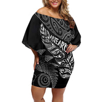 Aotearoa Personalized Lawn Bowls Maori Family Matching Off Shoulder Short Dress and Hawaiian Shirt New Zealand Black Tribal Silver Fern LT7 Mom's Dress Black - Polynesian Pride