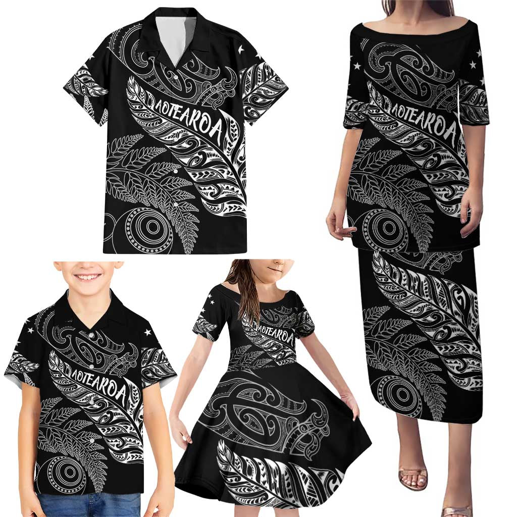 Aotearoa Personalized Lawn Bowls Maori Family Matching Puletasi and Hawaiian Shirt New Zealand Black Tribal Silver Fern - Polynesian Pride