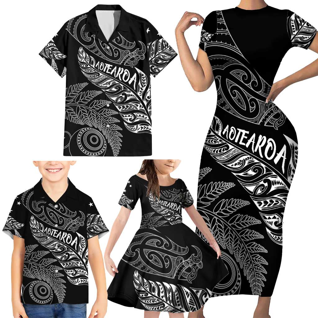 Aotearoa Personalized Lawn Bowls Maori Family Matching Short Sleeve Bodycon Dress and Hawaiian Shirt New Zealand Black Tribal Silver Fern - Polynesian Pride