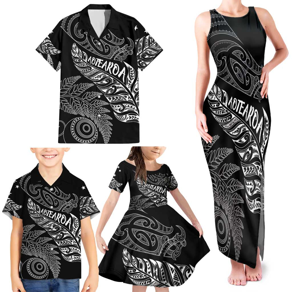 Aotearoa Personalized Lawn Bowls Maori Family Matching Tank Maxi Dress and Hawaiian Shirt New Zealand Black Tribal Silver Fern - Polynesian Pride