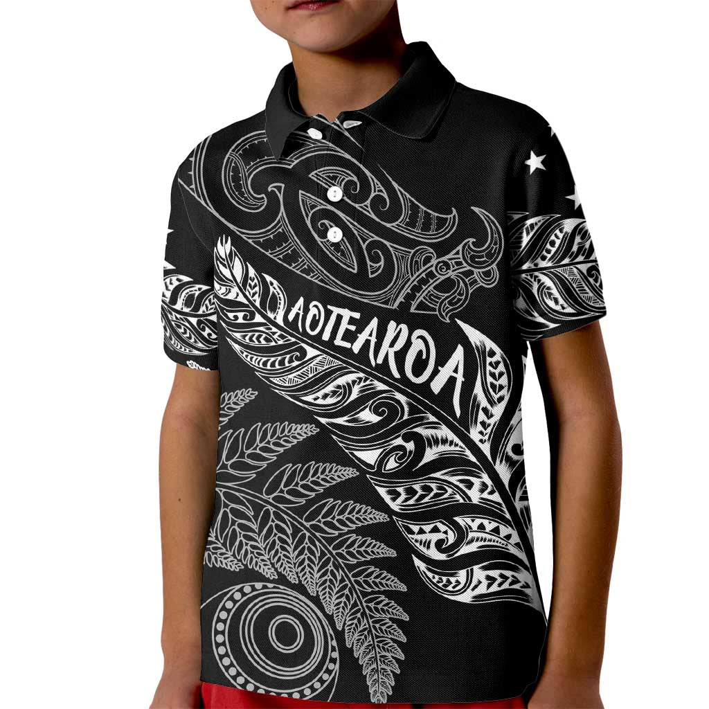 Aotearoa Personalized Lawn Bowls Maori Kid Polo Shirt New Zealand Black Tribal Silver Fern - Polynesian Pride