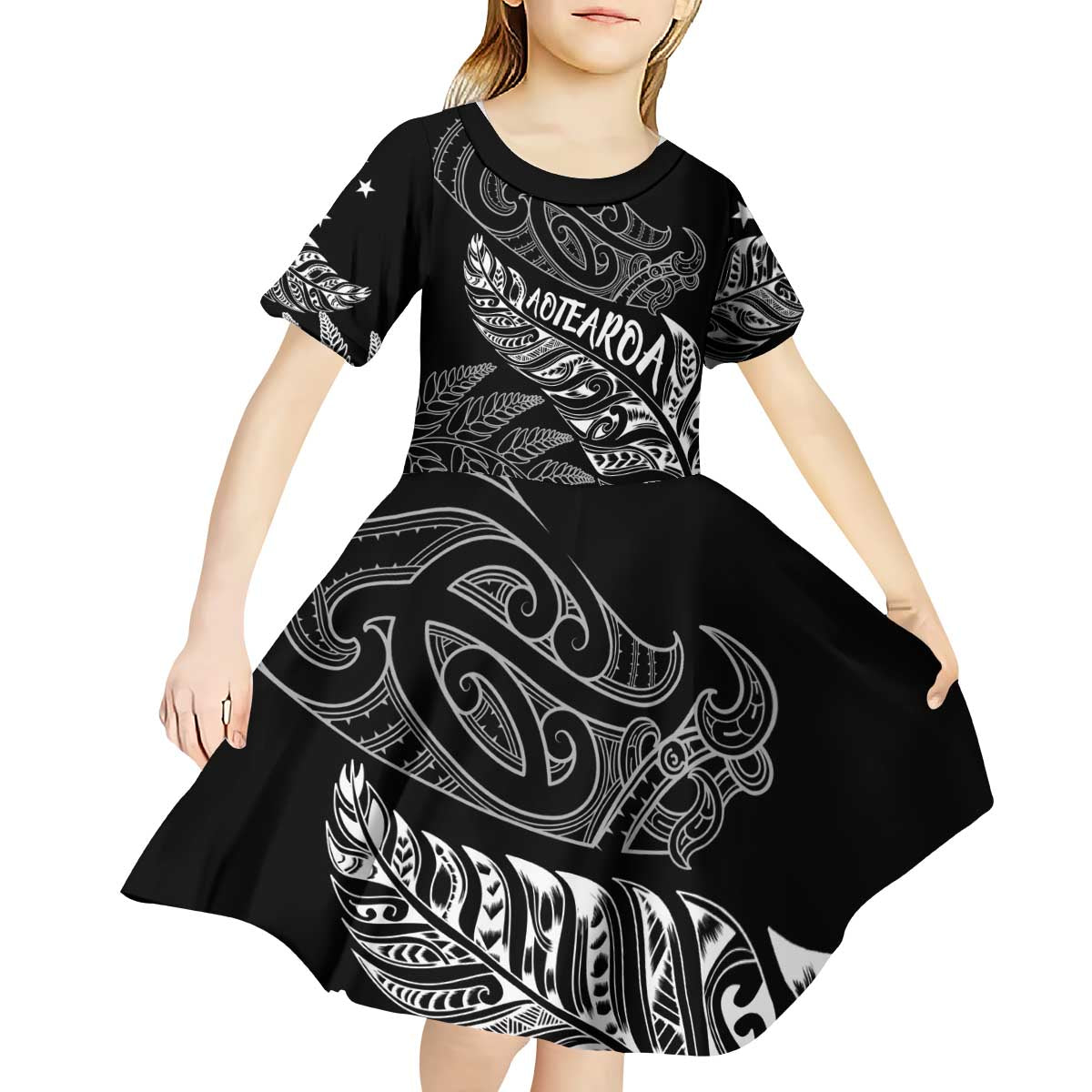 Aotearoa Personalized Lawn Bowls Maori Kid Short Sleeve Dress New Zealand Black Tribal Silver Fern - Polynesian Pride