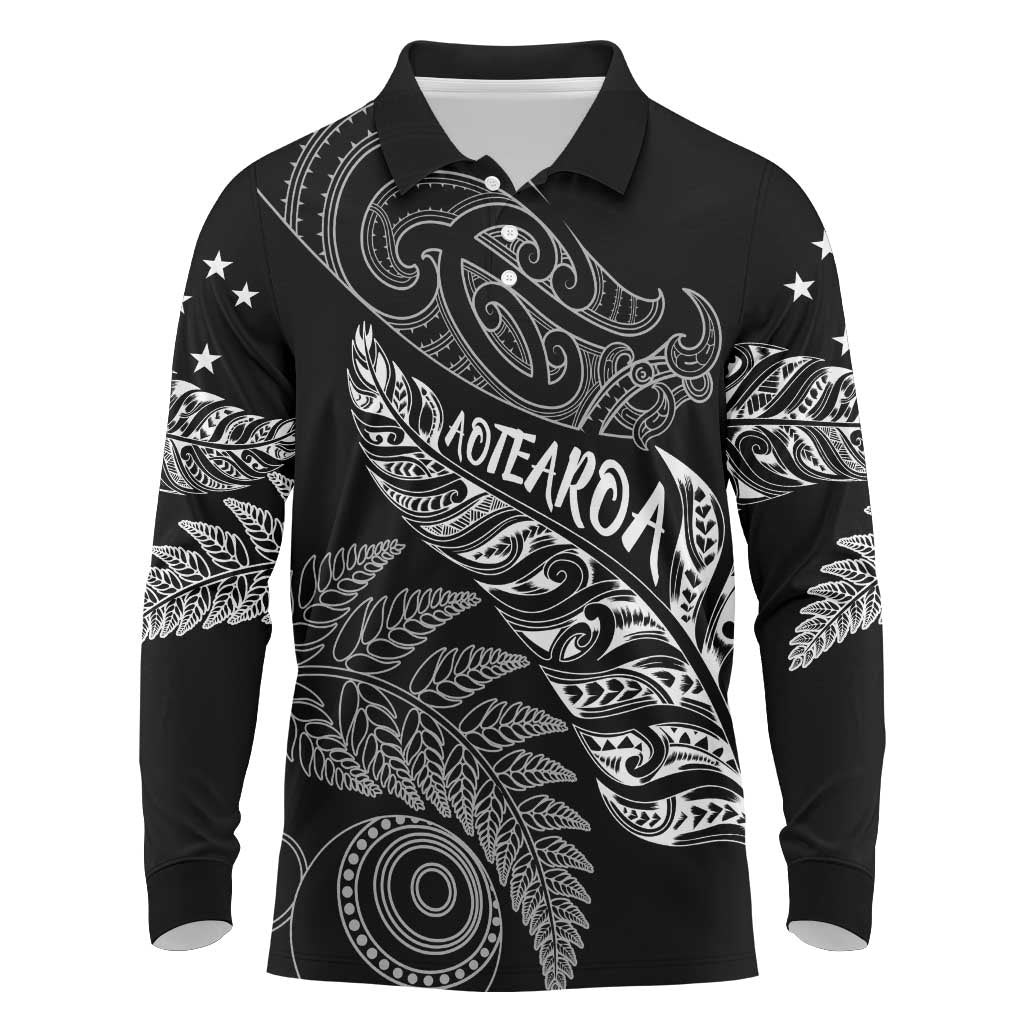 Aotearoa Personalized Lawn Bowls Maori Long Sleeve Polo Shirt New Zealand Black Tribal Silver Fern LT7 Black - Polynesian Pride