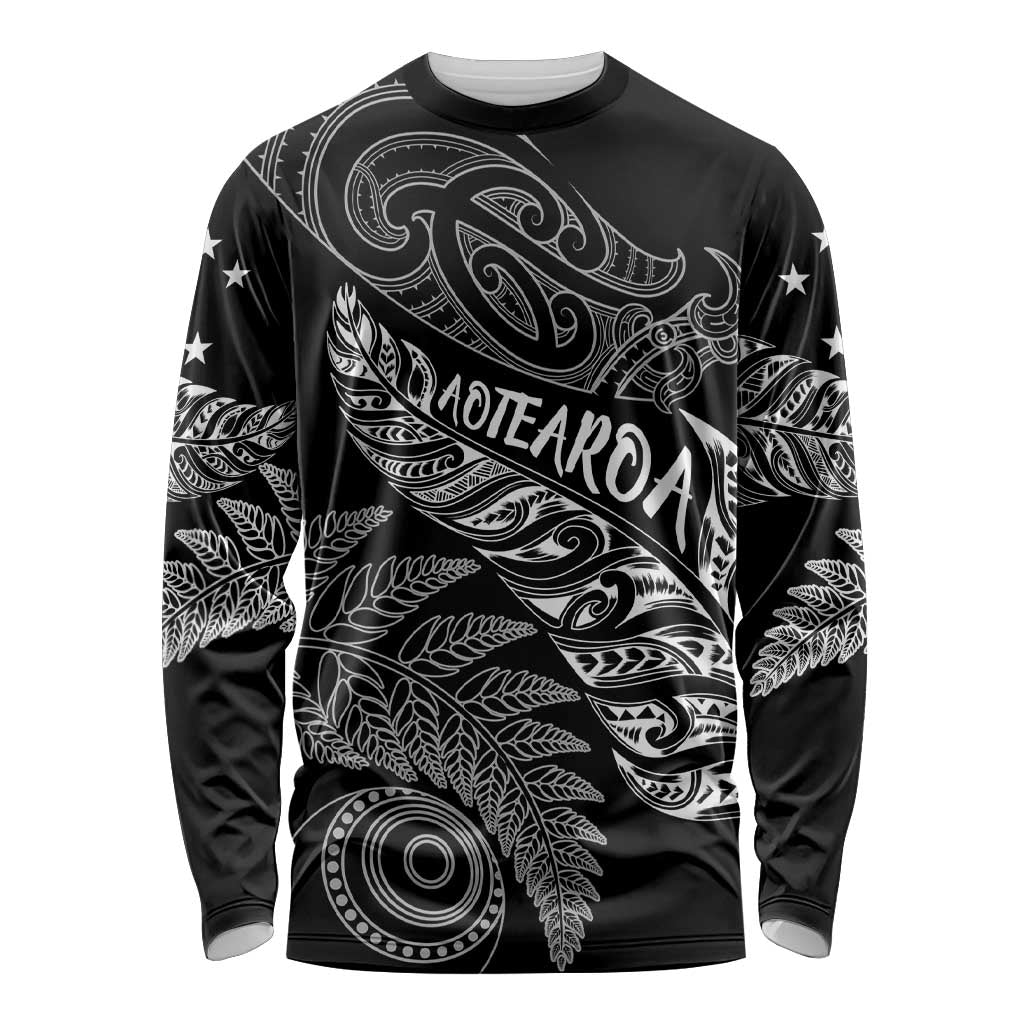 Aotearoa Personalized Lawn Bowls Maori Long Sleeve Shirt New Zealand Black Tribal Silver Fern LT7 Unisex Black - Polynesian Pride