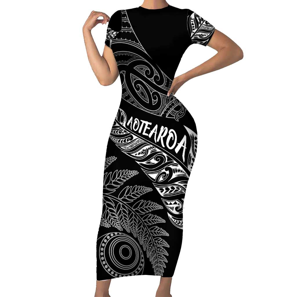 Aotearoa Personalized Lawn Bowls Maori Short Sleeve Bodycon Dress New Zealand Black Tribal Silver Fern LT7 Long Dress Black - Polynesian Pride