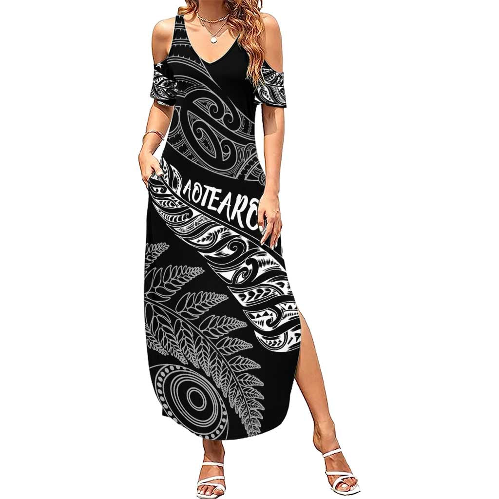 Aotearoa Personalized Lawn Bowls Maori Summer Maxi Dress New Zealand Black Tribal Silver Fern - Polynesian Pride