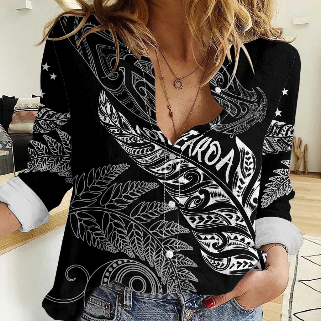 Aotearoa Personalized Lawn Bowls Maori Women Casual Shirt New Zealand Black Tribal Silver Fern LT7 Female Black - Polynesian Pride
