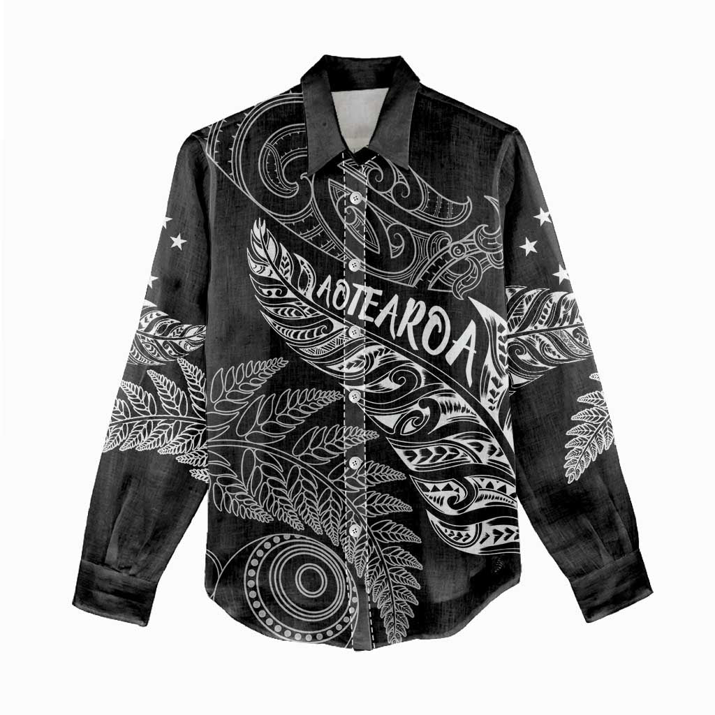 Aotearoa Personalized Lawn Bowls Maori Women Casual Shirt New Zealand Black Tribal Silver Fern LT7 - Polynesian Pride