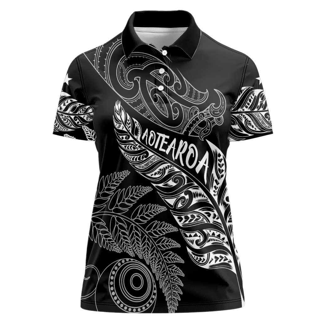 Aotearoa Personalized Lawn Bowls Maori Women Polo Shirt New Zealand Black Tribal Silver Fern LT7 Female Black - Polynesian Pride