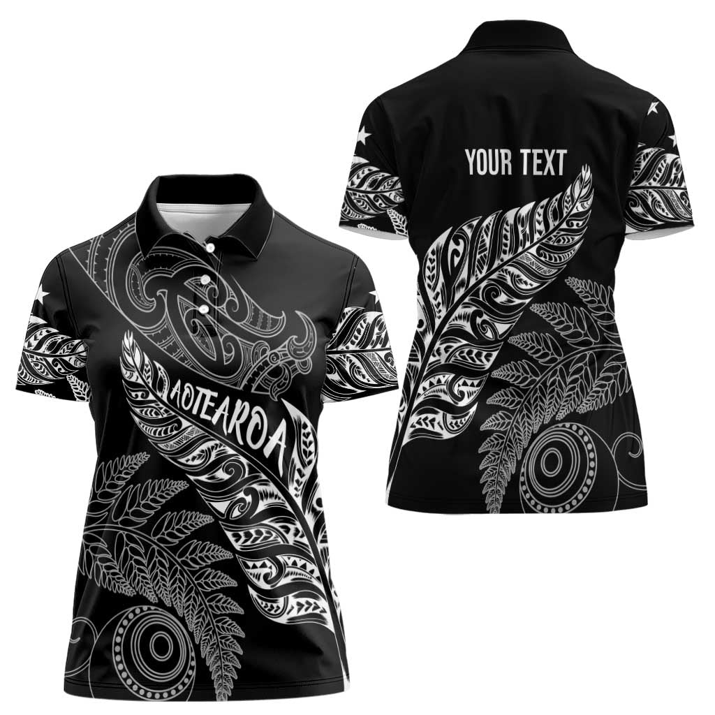 Aotearoa Personalized Lawn Bowls Maori Women Polo Shirt New Zealand Black Tribal Silver Fern LT7 - Polynesian Pride