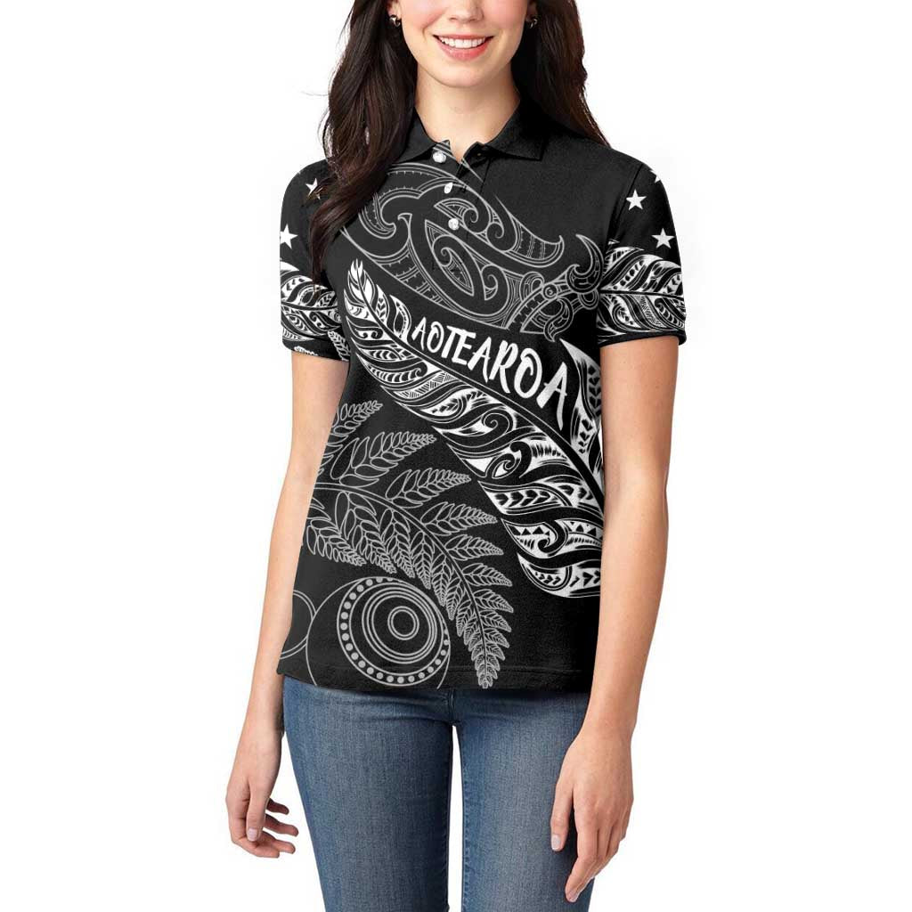 Aotearoa Personalized Lawn Bowls Maori Women Polo Shirt New Zealand Black Tribal Silver Fern LT7 - Polynesian Pride