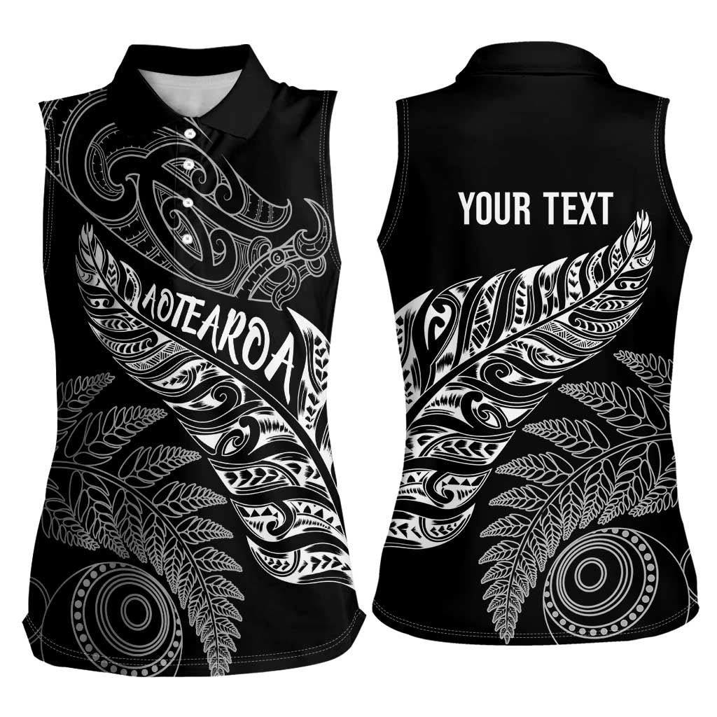 Aotearoa Personalized Lawn Bowls Maori Women Sleeveless Polo Shirt New Zealand Black Tribal Silver Fern LT7 - Polynesian Pride