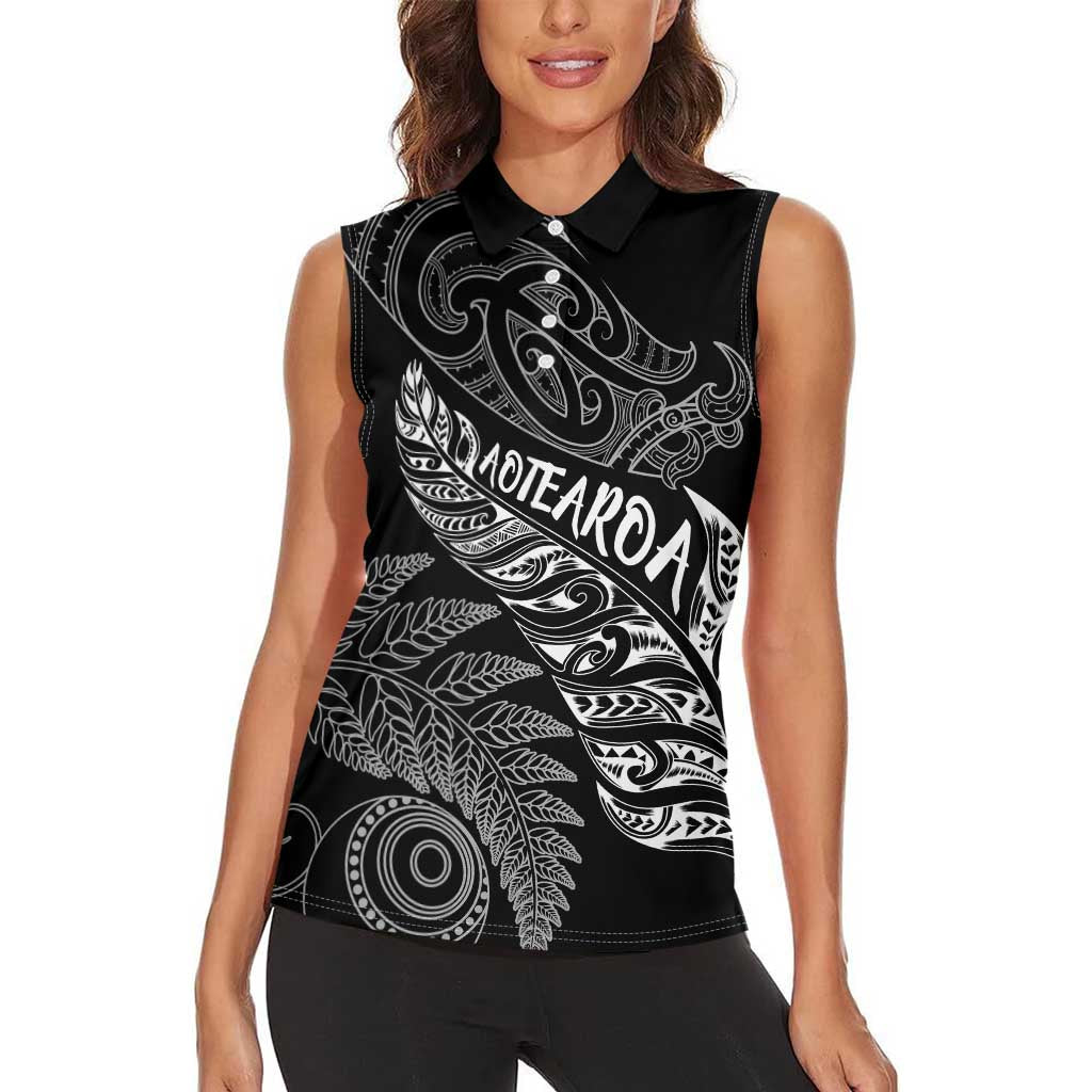 Aotearoa Personalized Lawn Bowls Maori Women Sleeveless Polo Shirt New Zealand Black Tribal Silver Fern LT7 - Polynesian Pride