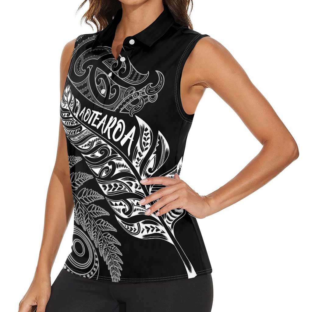 Aotearoa Personalized Lawn Bowls Maori Women Sleeveless Polo Shirt New Zealand Black Tribal Silver Fern LT7 - Polynesian Pride