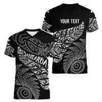 Aotearoa Personalized Lawn Bowls Maori Women V-Neck T-Shirt New Zealand Black Tribal Silver Fern LT7 - Polynesian Pride