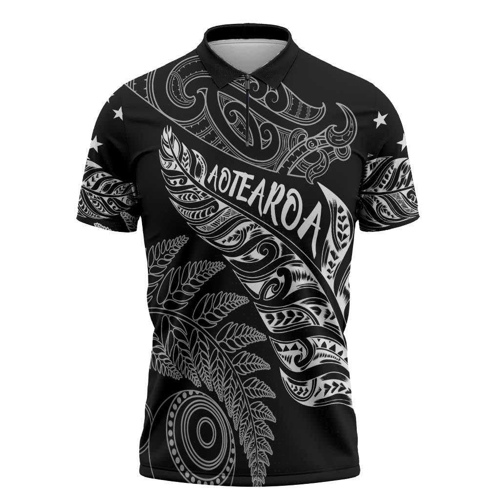 Aotearoa Personalized Lawn Bowls Maori Zipper Polo Shirt New Zealand Black Tribal Silver Fern LT7 Black - Polynesian Pride