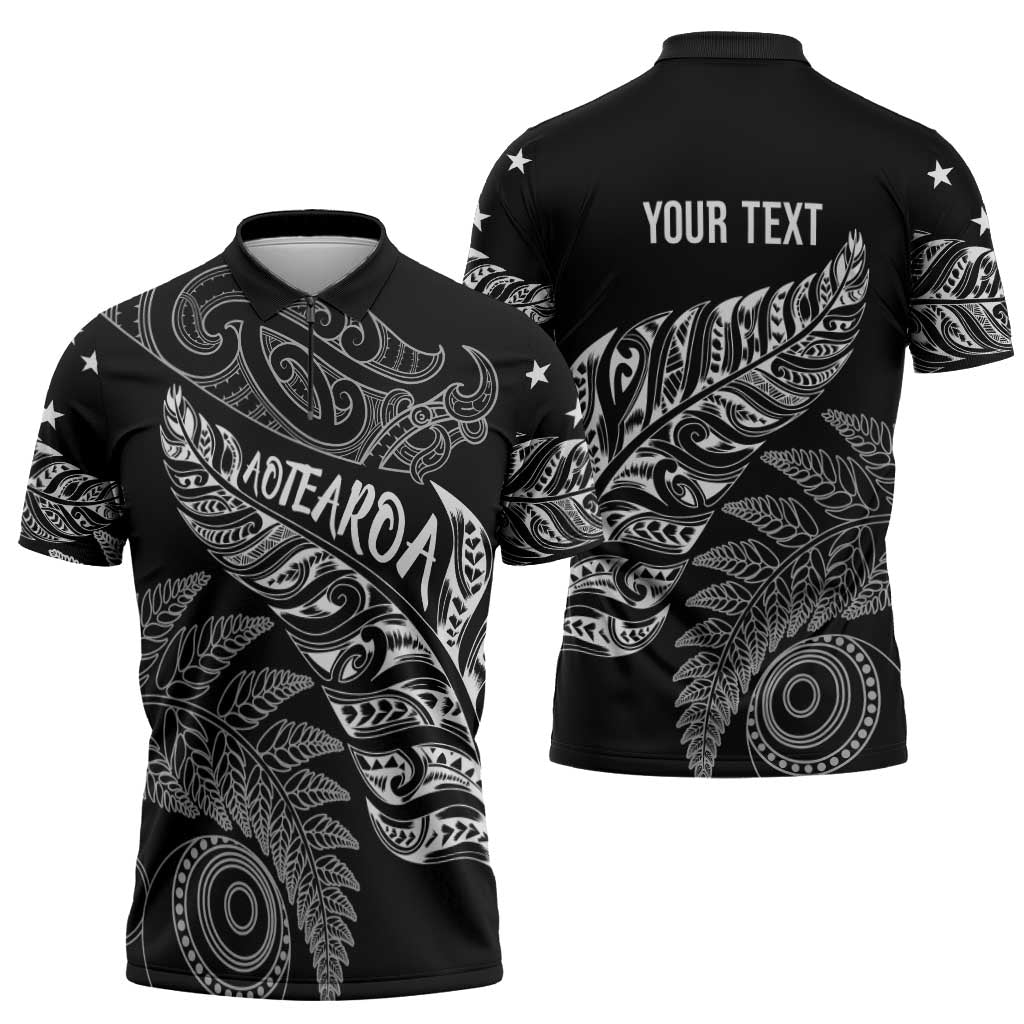 Aotearoa Personalized Lawn Bowls Maori Zipper Polo Shirt New Zealand Black Tribal Silver Fern LT7 - Polynesian Pride