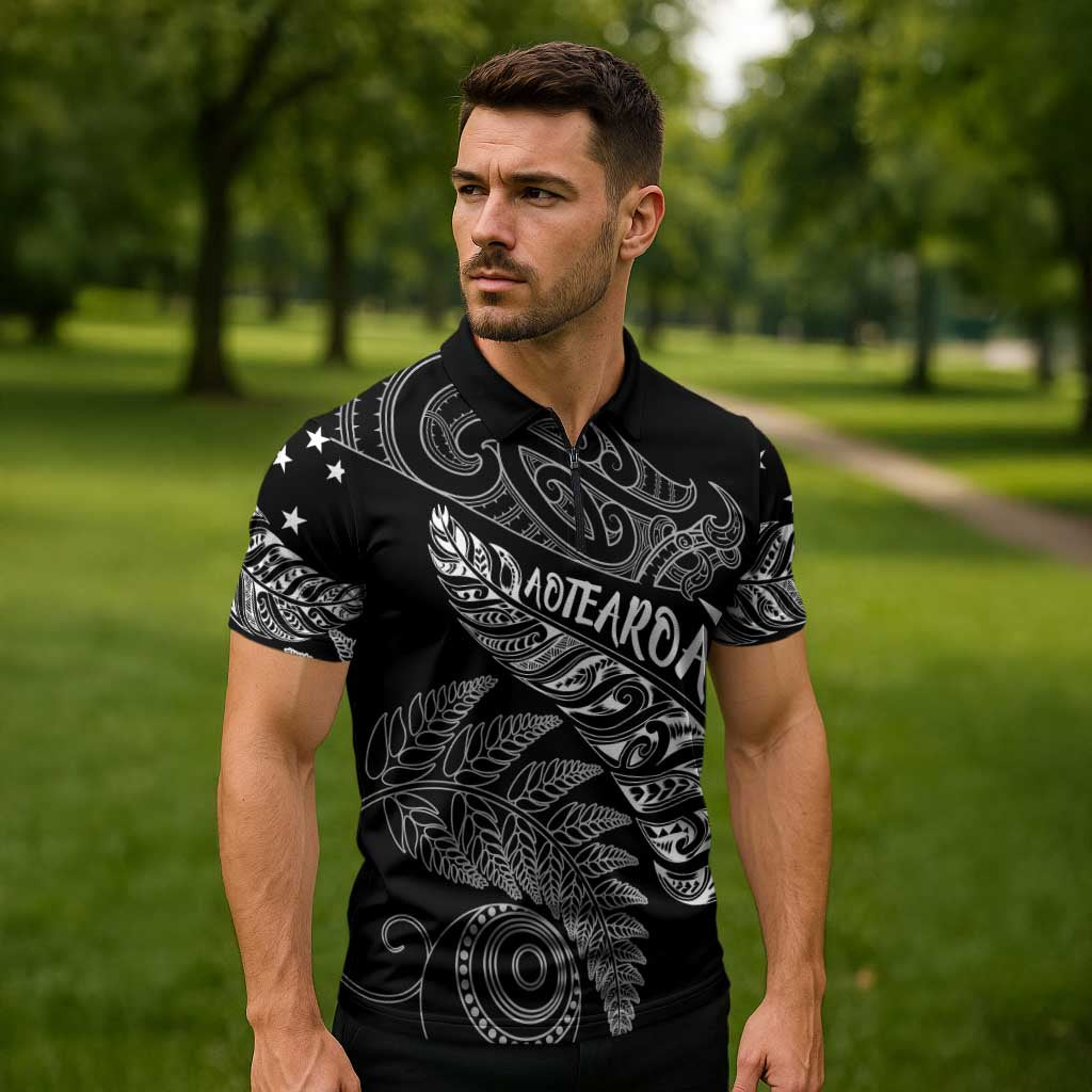 Aotearoa Personalized Lawn Bowls Maori Zipper Polo Shirt New Zealand Black Tribal Silver Fern LT7 - Polynesian Pride