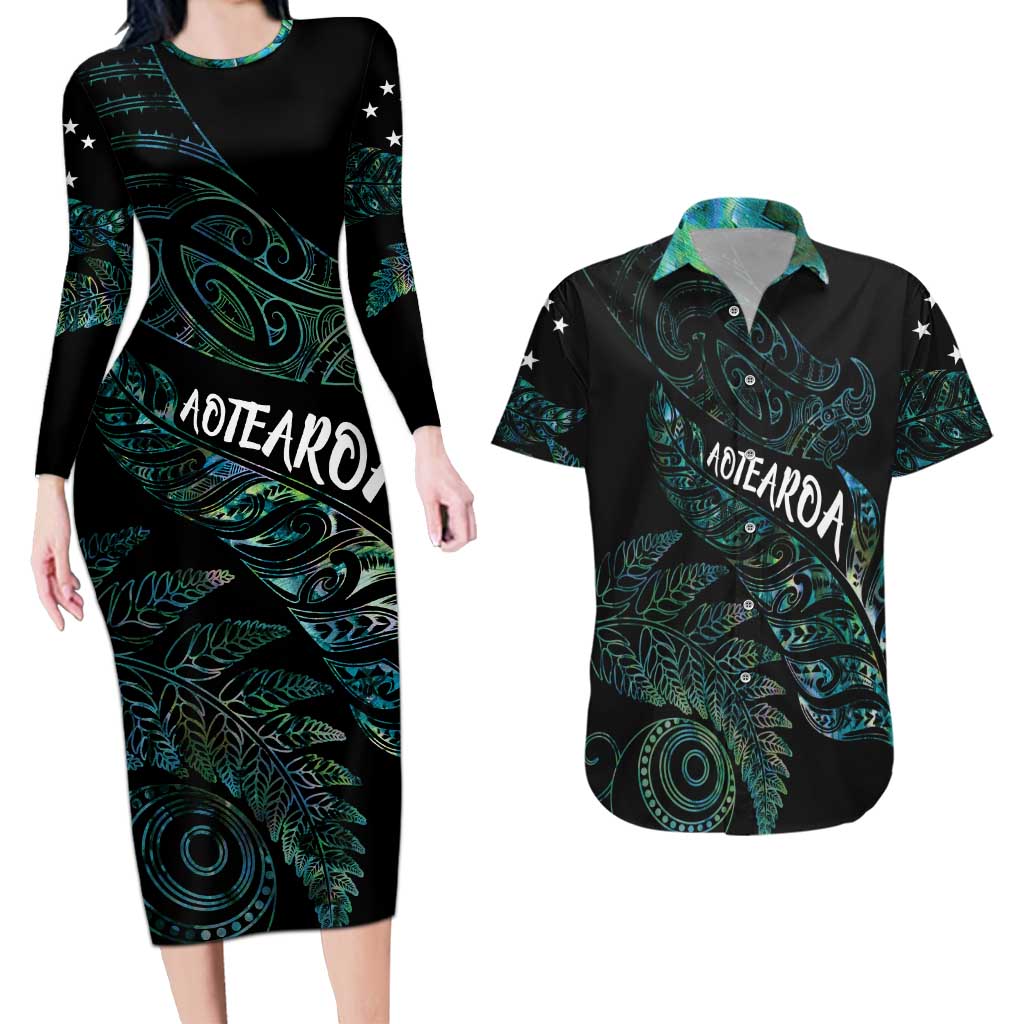 Aotearoa Personalized Lawn Bowls Maori Couples Matching Long Sleeve Bodycon Dress and Hawaiian Shirt New Zealand Paua Shell Tribal Silver Fern - Polynesian Pride
