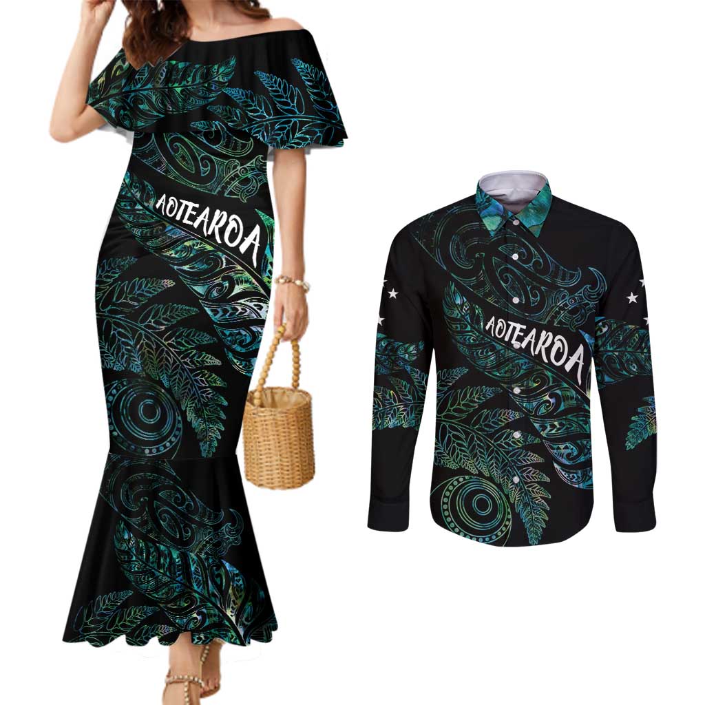 Aotearoa Personalized Lawn Bowls Maori Couples Matching Mermaid Dress and Long Sleeve Button Shirt New Zealand Paua Shell Tribal Silver Fern - Polynesian Pride