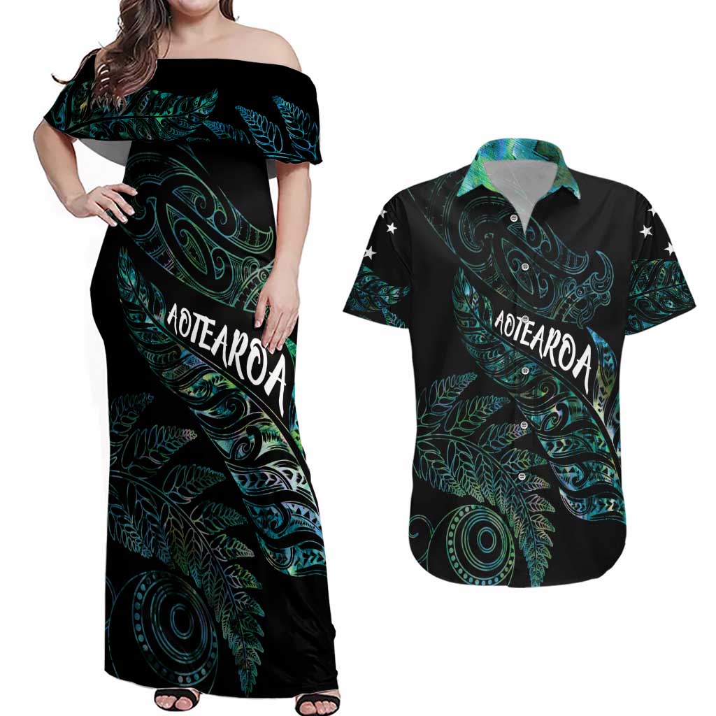 Aotearoa Personalized Lawn Bowls Maori Couples Matching Off Shoulder Maxi Dress and Hawaiian Shirt New Zealand Paua Shell Tribal Silver Fern LT7 Green - Polynesian Pride